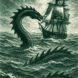 A sea serpent beside a sailing ship